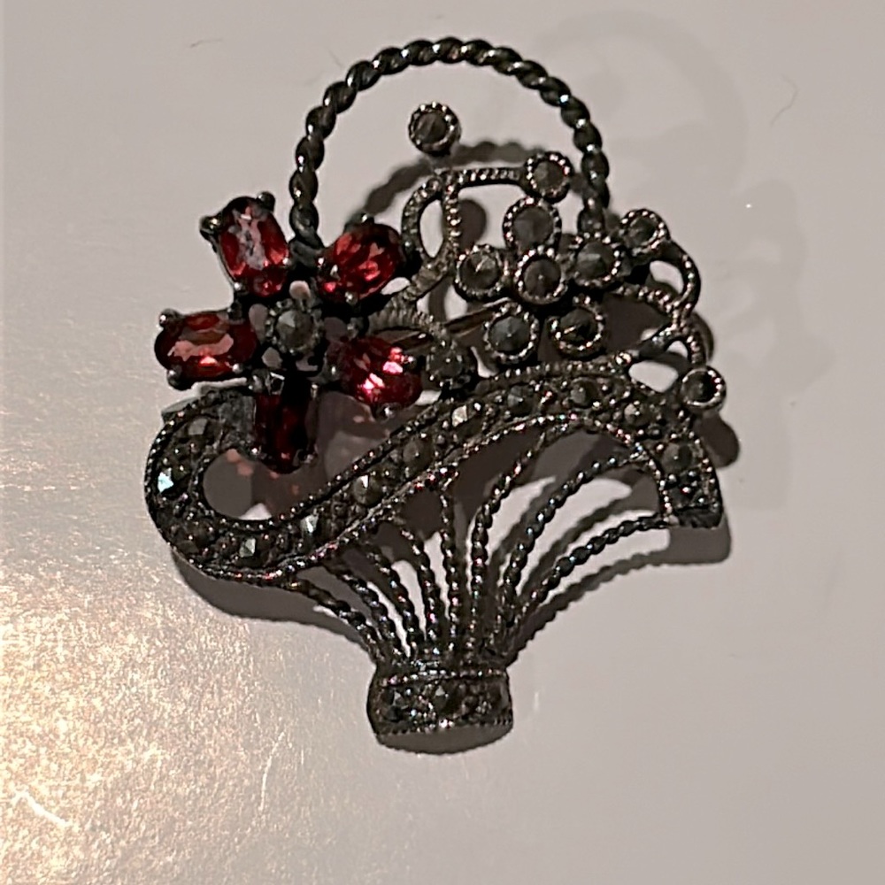 Vintage Flower Basket Brooch Pin with Red Stones